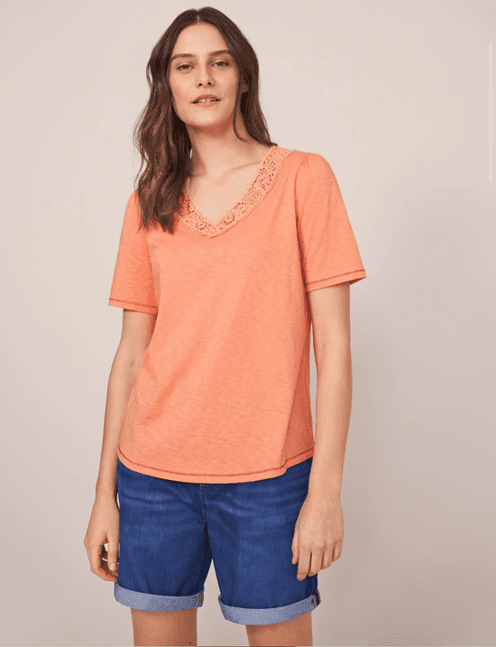 Lily Lace V Neck Tee. Light Orange
