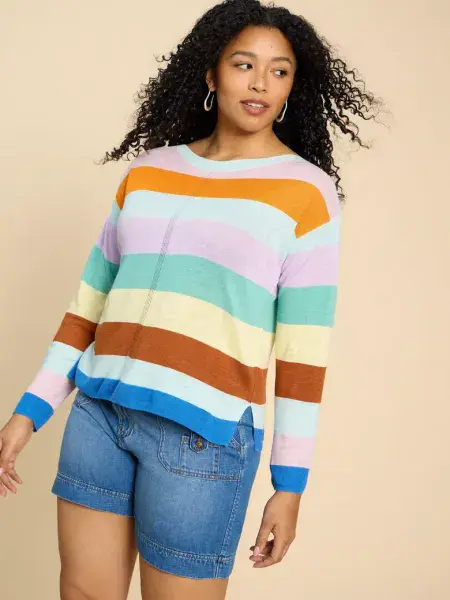 Linen Crew Jumper. Teal Multi