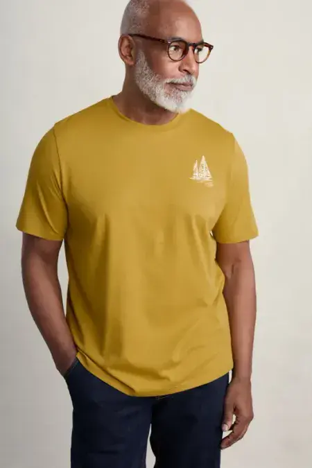 Loggerhead Organic Cotton T-Shirt. Boat Drawing Dark Hay
