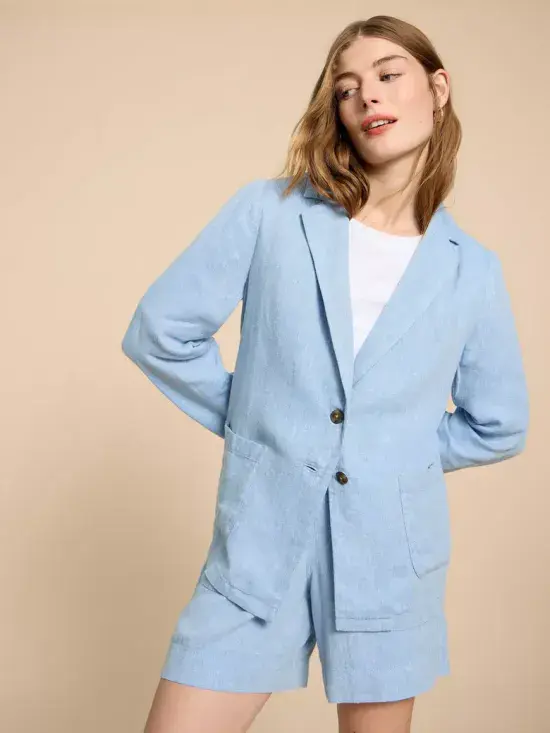 Loren Linen Blend Blazer. Chambray Blue