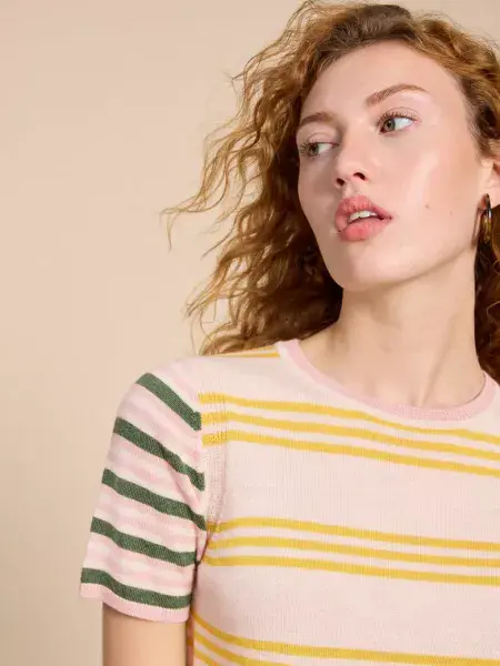 Marino Wool Crew Tee Jumper. Nat Multi