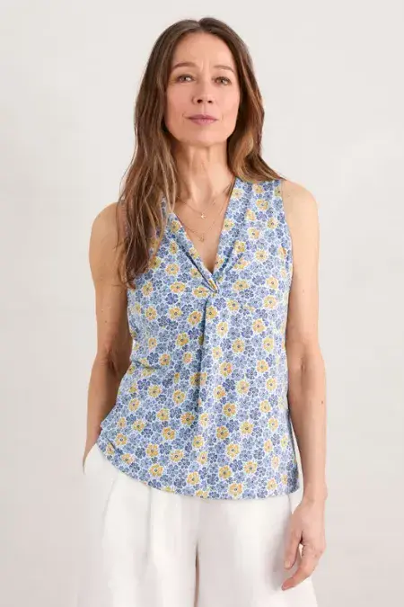 Millbank Sleeveless Jersey Top. Cornflower Agapanthus