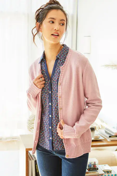 Notch Neck Roll Edge Cardigan. Sweet Violet