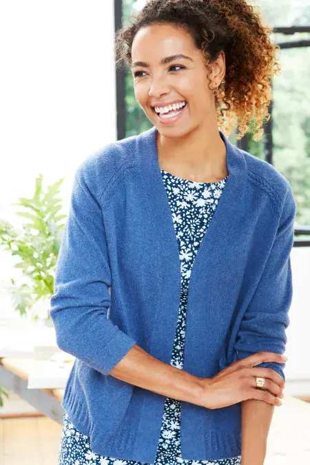 Open Front Cardi with Cable Detail. Ensign Blue