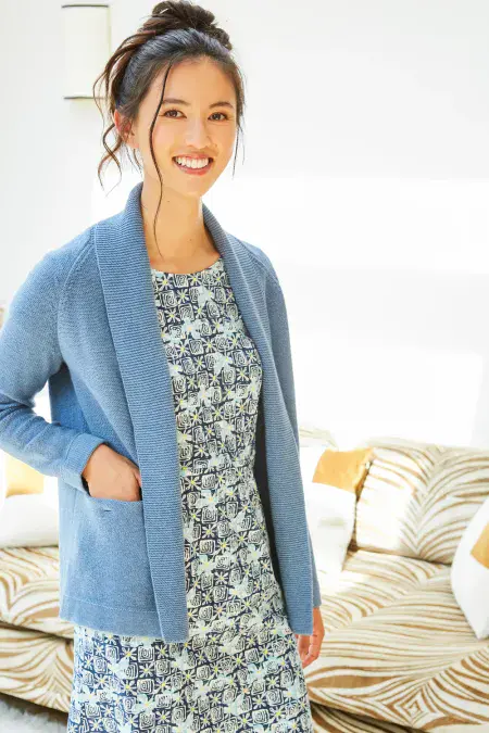 Reverse Knit Open Front Cardigan.  Ensign Blue