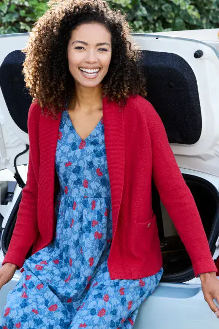Reverse Knit Open Front Cardigan. Red Malange