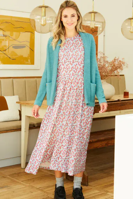 Reverse Knit Open Neck Cardigan. Brittany Blue Melange