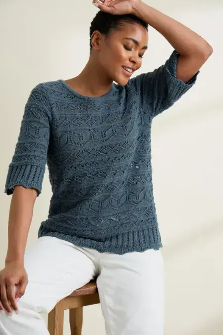 River Cross Pointelle Stitch Organic Top. Light Squid