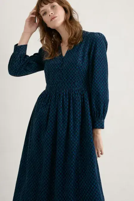 Rose Cottage Printed Cord Dress. Patchwork Ditsy Maritime