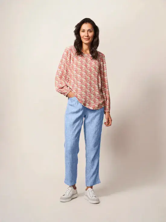 Rowena Linen Trouser. Chamb Blue
