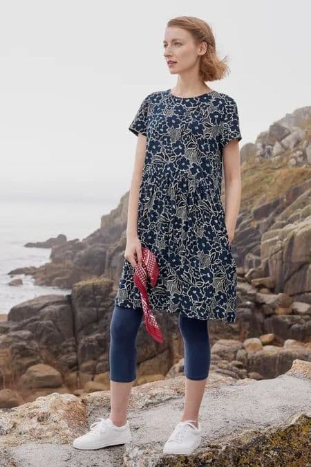 Sea Mirror Short Sleeve Dress. Brush Stroke Floral Maritime