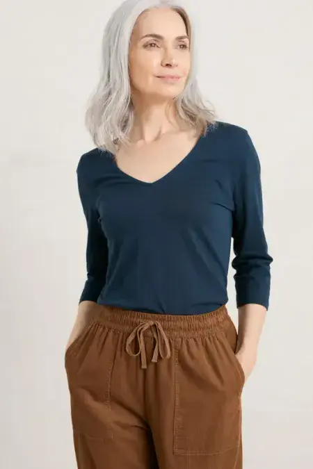 Talent 3/4 Sleeve V Neck Organic Top. Maritime