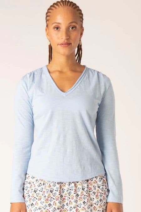 V Neck Deep Hem Tee. Cerulean