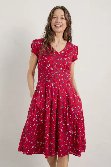 Villa Garden Dress. Ditsy Poppy Crimson