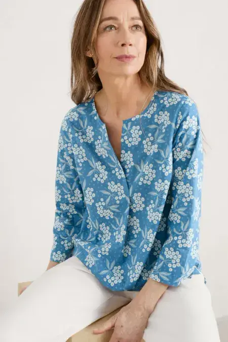 Watercolour Sketch 3/4 Sleeve Top. Elderflower Shadow Mid Whirl