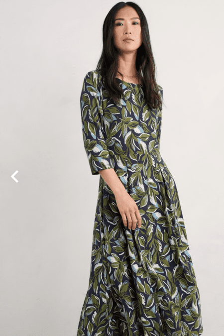Wild Bouquet 3/4 Sleeve Midi Dress. Tonal Leaves Maritime