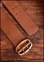 Broad leather belt with brass buckle