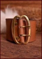 Broad leather belt with brass buckle