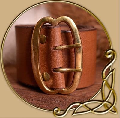 Broad leather belt with brass buckle