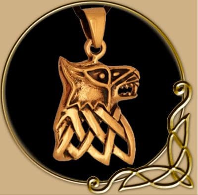Fenris Wolf with Celtic knot bronze pendant