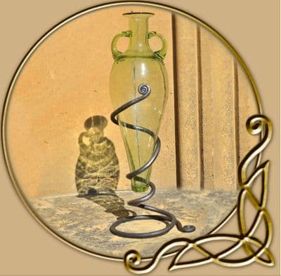 Glass amphora with forged stand