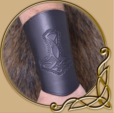 LARP long leather wristguard with Thor's hammer motif