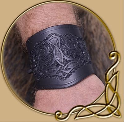 LARP short leather wristguard with Thor's hammer motif