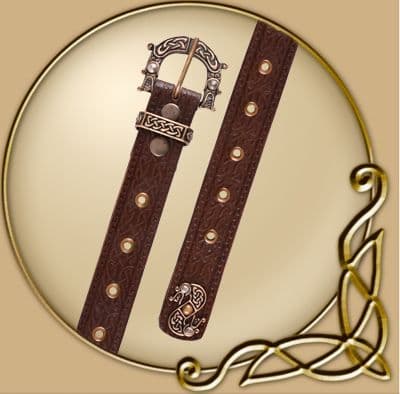 Leather belt with buckle and imprint in celtic design