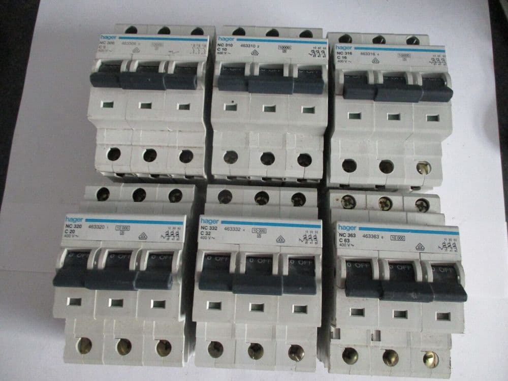 HAGER NC3 RANGE C6 C10 C16 C20 C32 C63 10 KA TRIPLE POLE MCB CIRCUIT