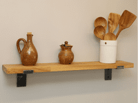 Corsair Solid Oak Shelf With Hand Forged Industrial Metal Support Brackets