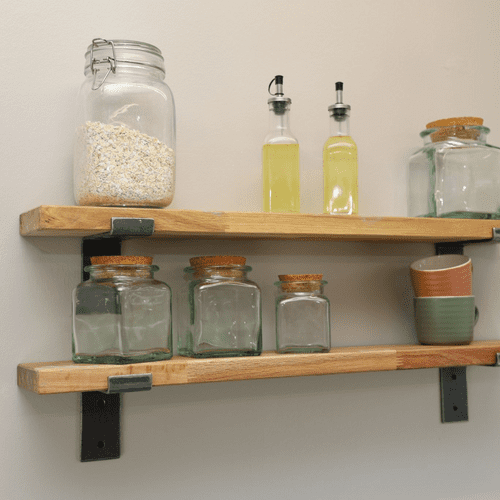 Corsair Solid Oak Shelf With Hand Forged Industrial Metal Support Brackets