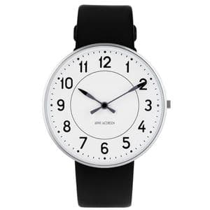 Arne Jacobsen Station Watch Medium 40mm with Black Leather Strap 53402-2001