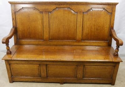 Antique Style Panelled Oak Large Settle - SOLD