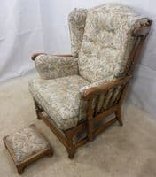 Carved Elm Upholstered Wing Armchair Old Colonial Range by Ercol