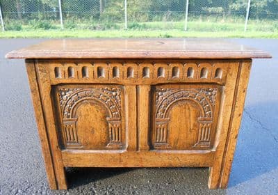 Carved Oak Reproduction Blanket Chest in Antique Tudor Style