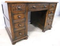 Heavy Oak Jacobean Style Kneehole Writing Desk Workstation