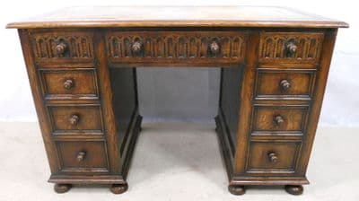 Heavy Oak Jacobean Style Kneehole Writing Desk Workstation