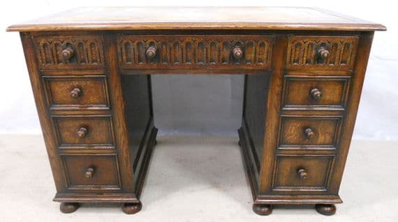 Heavy Oak Jacobean Style Kneehole Writing Desk Workstation