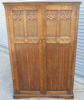 Jacobean Style Carved Oak Two Door Wardrobe - SOLD