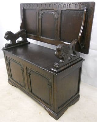 Jacobean Style Dark Elm & Beech Panelled Monks Bench - SOLD