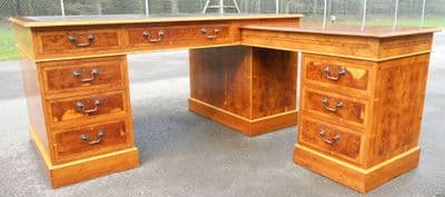 Large Burr Yew Wood Three Pedestal Writing Desk - SOLD