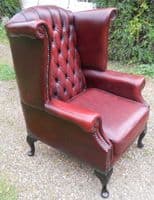 Leather Wingback Fireside Armchair in Ox Blood Red