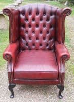 Leather Wingback Fireside Armchair in Ox Blood Red