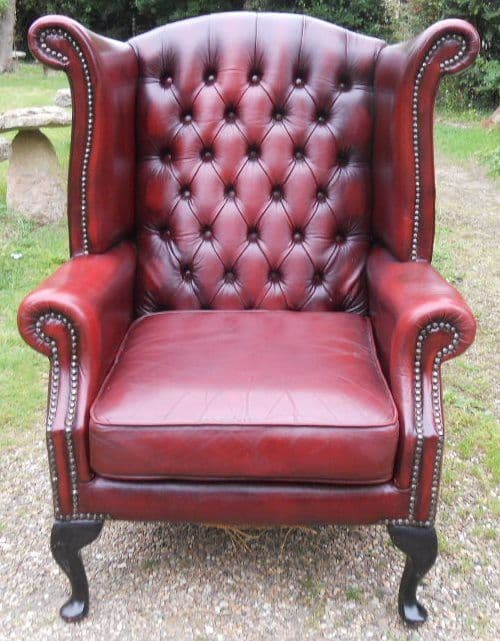 Leather Wingback Fireside Armchair in Ox Blood Red