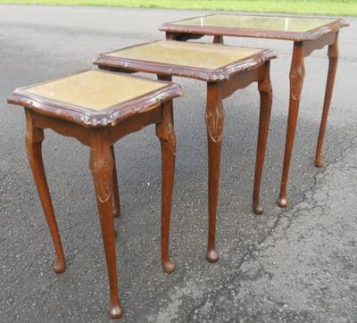 Light Shade Tan Coloured Leather Top, Mahogany Framed Nest of Tables