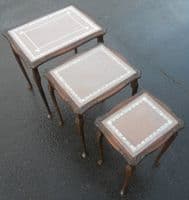 Nest of Tan Leather Top Walnut Coffee Tables