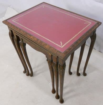 Nest of Three Walnut Leather Top Coffee Tables - SOLD