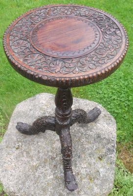 Oriental Carved Hardwood Tripod Wine Table