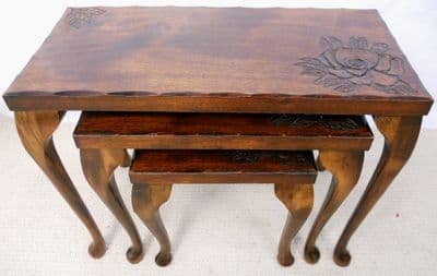 Oriental Carved Nest of Three Walnut Coffee Tables