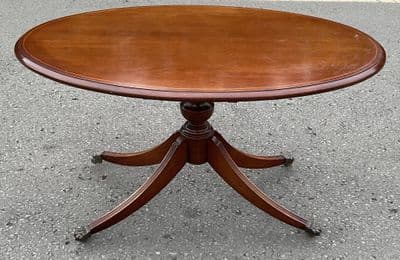 Oval Mahogany Pedestal Coffee Table with Brass Paw Feet